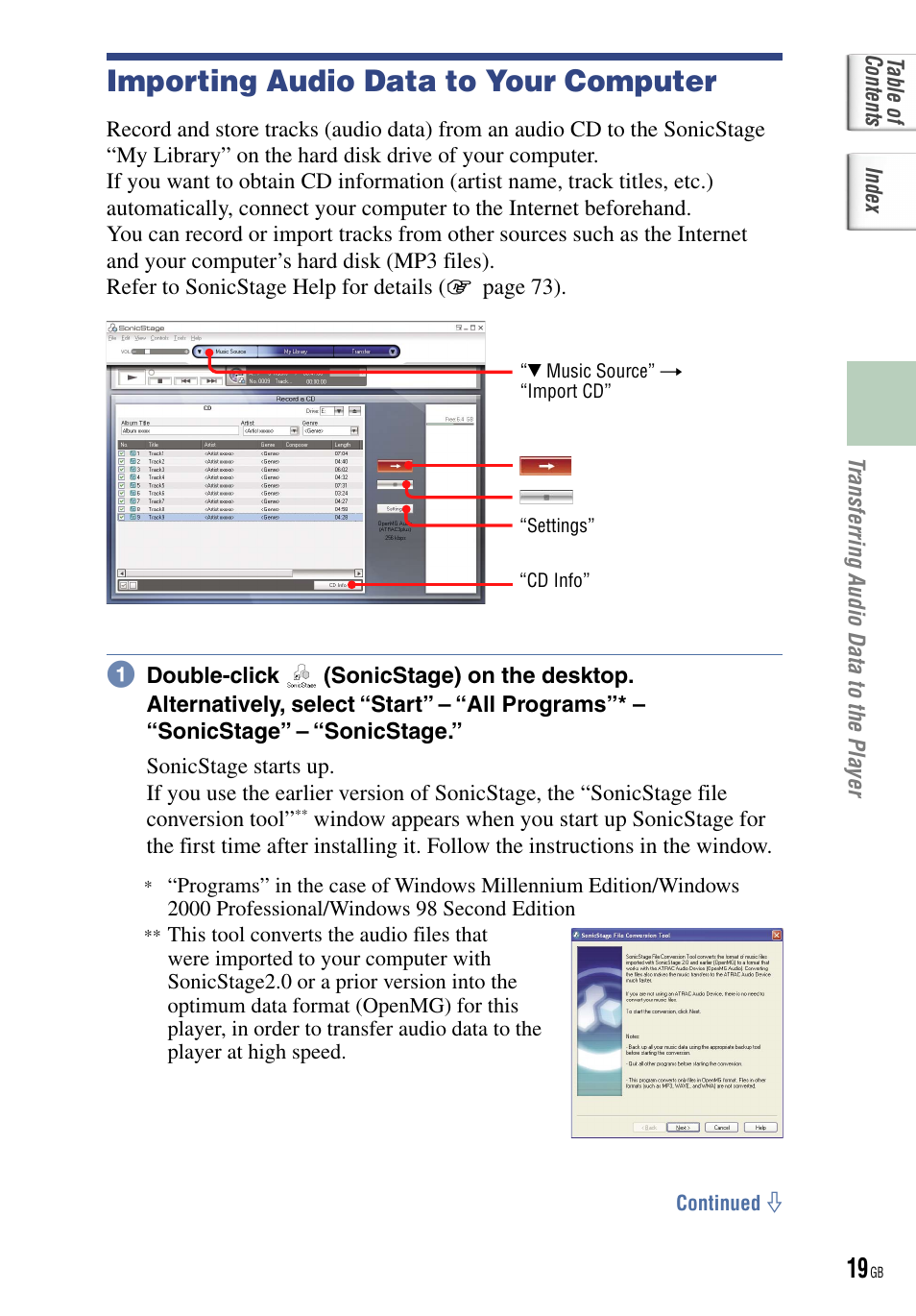 Transferring audio data to, The player, Importing audio data to your computer | Sony NW-HD5 User Manual | Page 19 / 82