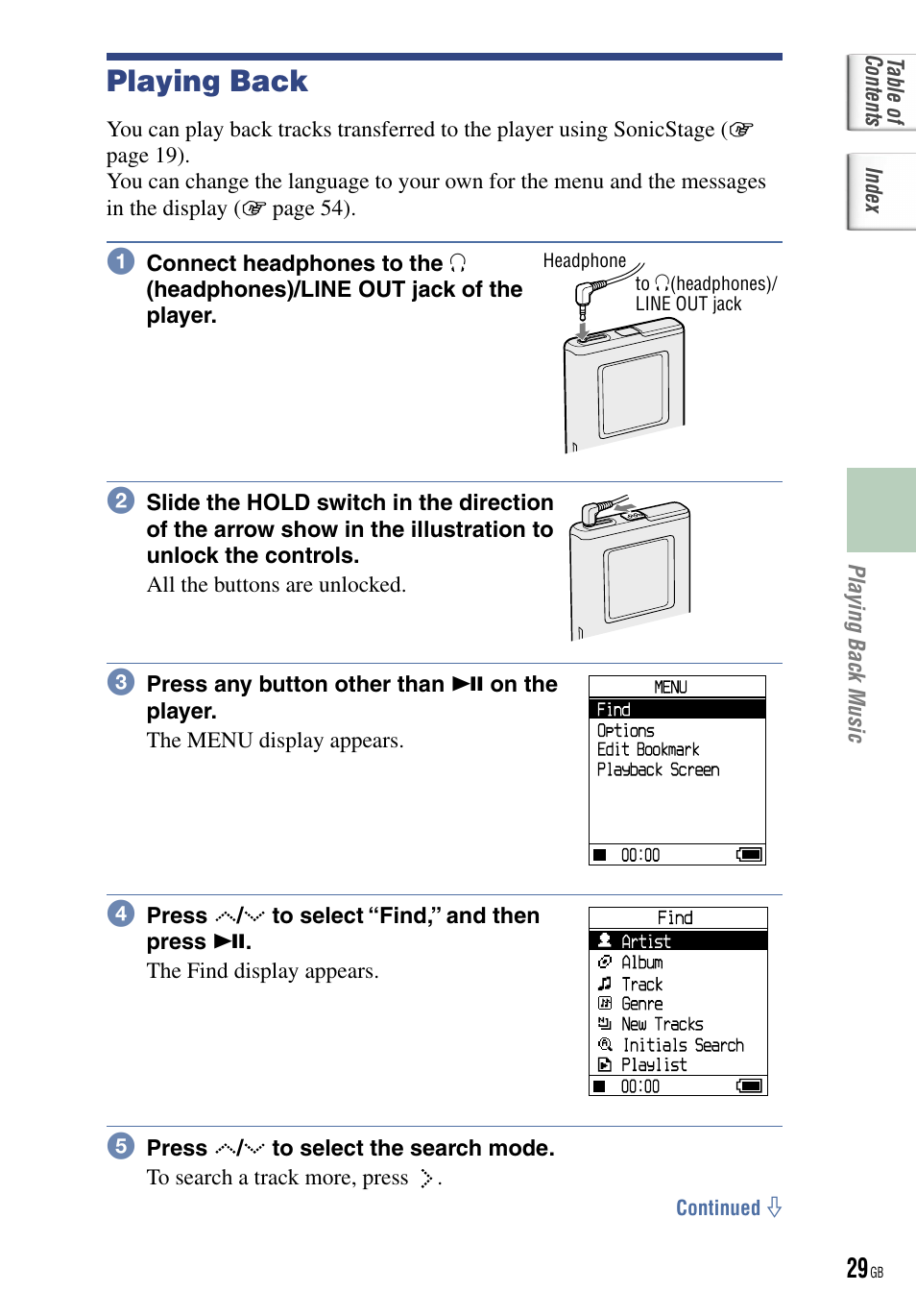 Playing back music, Playing back | Sony NW-HD5 User Manual | Page 29 / 82