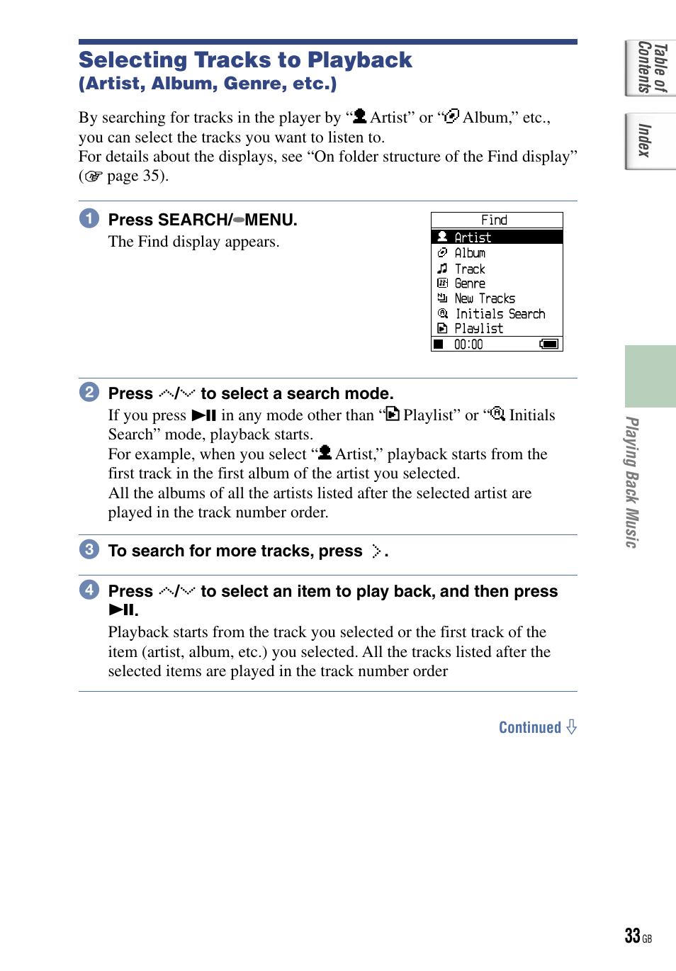 Selecting tracks to playback | Sony NW-HD5 User Manual | Page 33 / 82