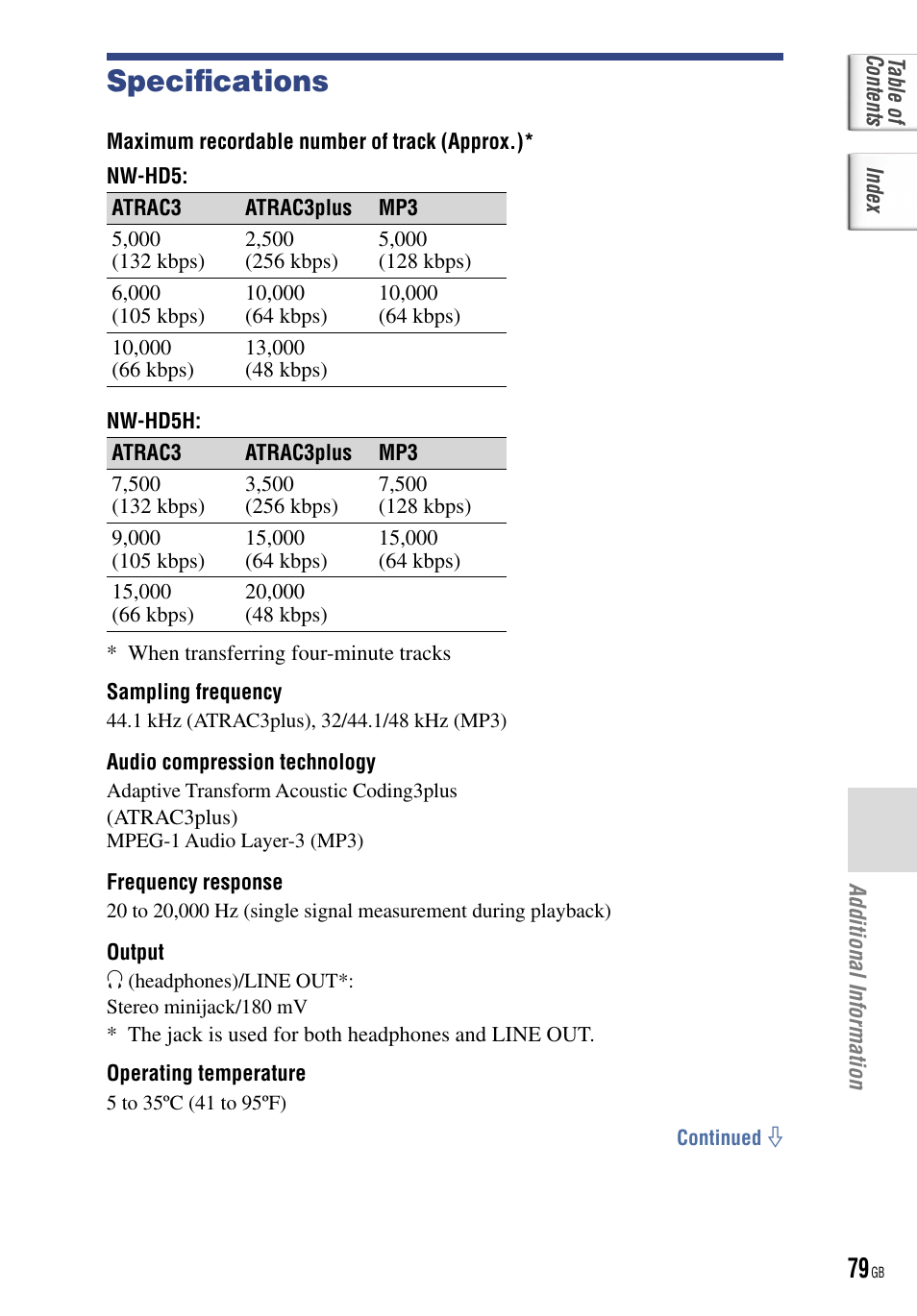 Additional information, Speciﬁcations | Sony NW-HD5 User Manual | Page 79 / 82