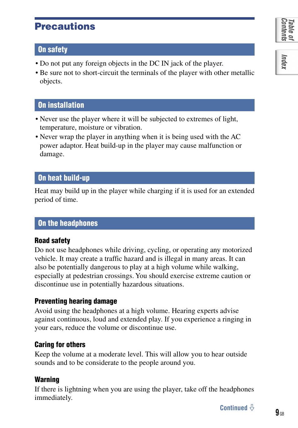 Precautions | Sony NW-HD5 User Manual | Page 9 / 82