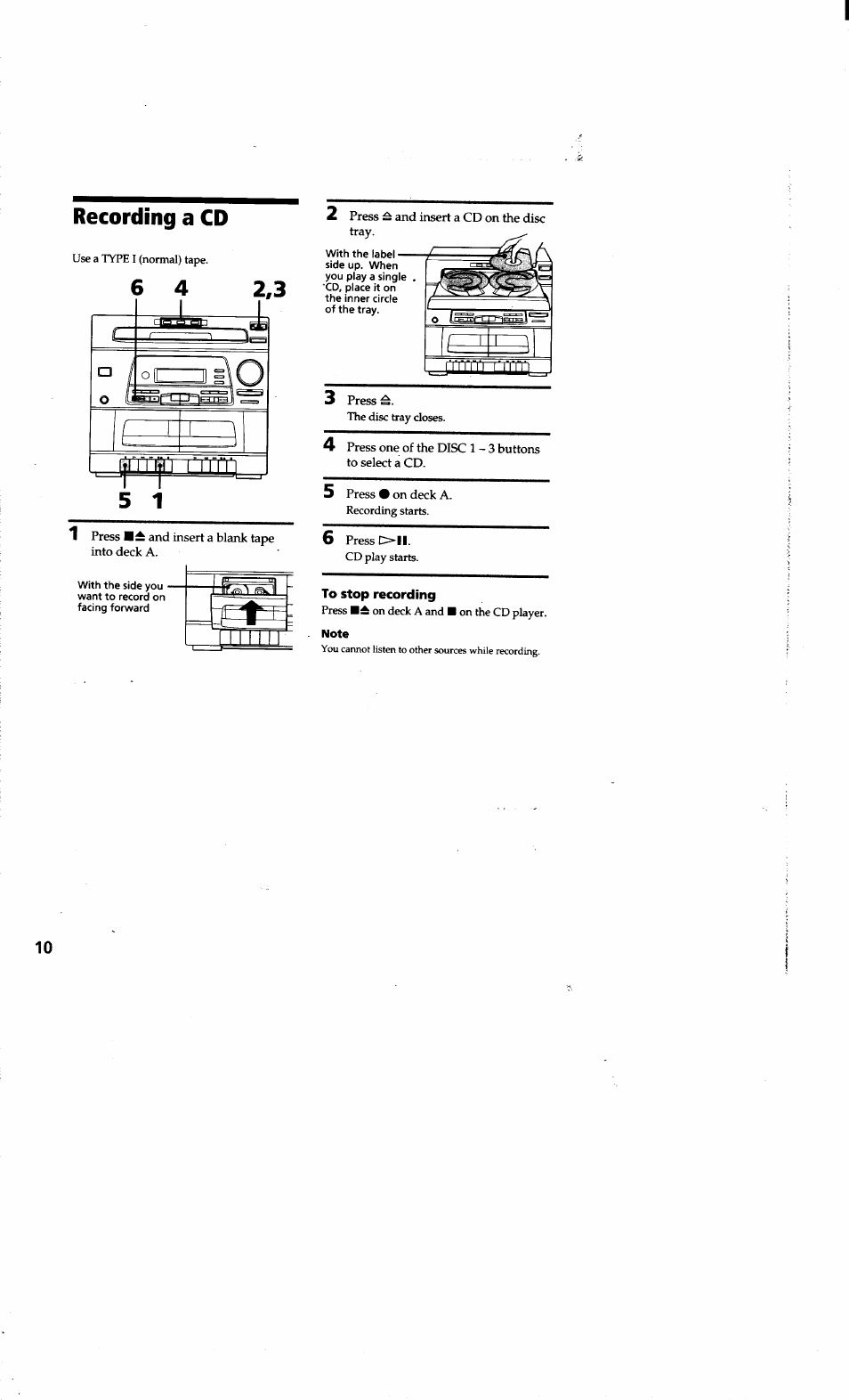 To stop recording, Recording a cd | Sony LBT-G1300 User Manual | Page 10 / 27