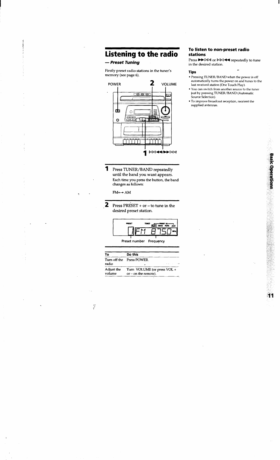 To listen to non-preset radio stations, Listening to the radio, Fm b15d | Sony LBT-G1300 User Manual | Page 11 / 27