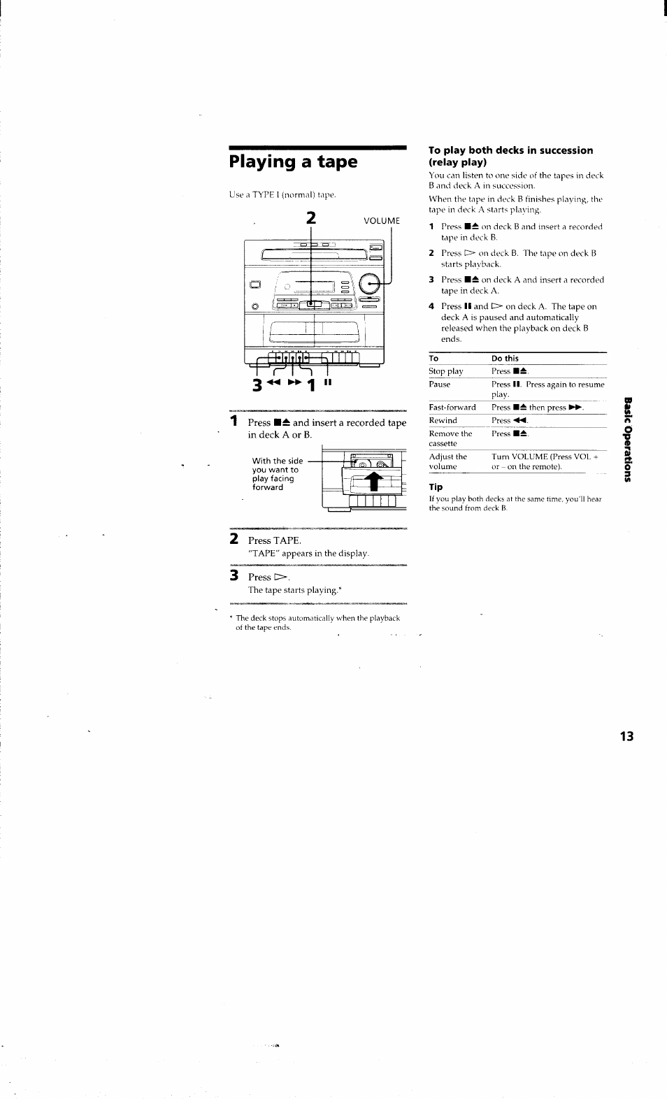 Playing a tape, To play both decks in succession (relay play), Playing a cd | Sony LBT-G1300 User Manual | Page 13 / 27