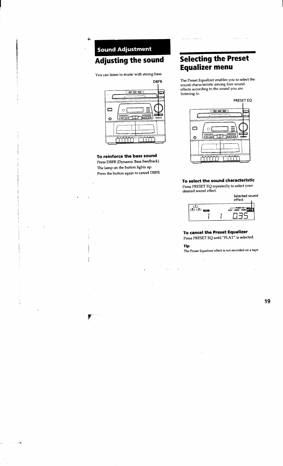 To reinforce the bass sound, To select the sound characteristic, Adjusting the sound | Selecting the preset equalizer menu | Sony LBT-G1300 User Manual | Page 19 / 27