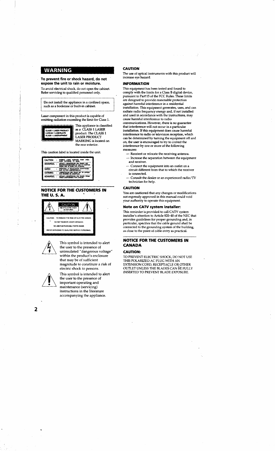 Notice for the customers in the u. s. a, Notice for the customers in canada, Warning | Sony LBT-G1300 User Manual | Page 2 / 27