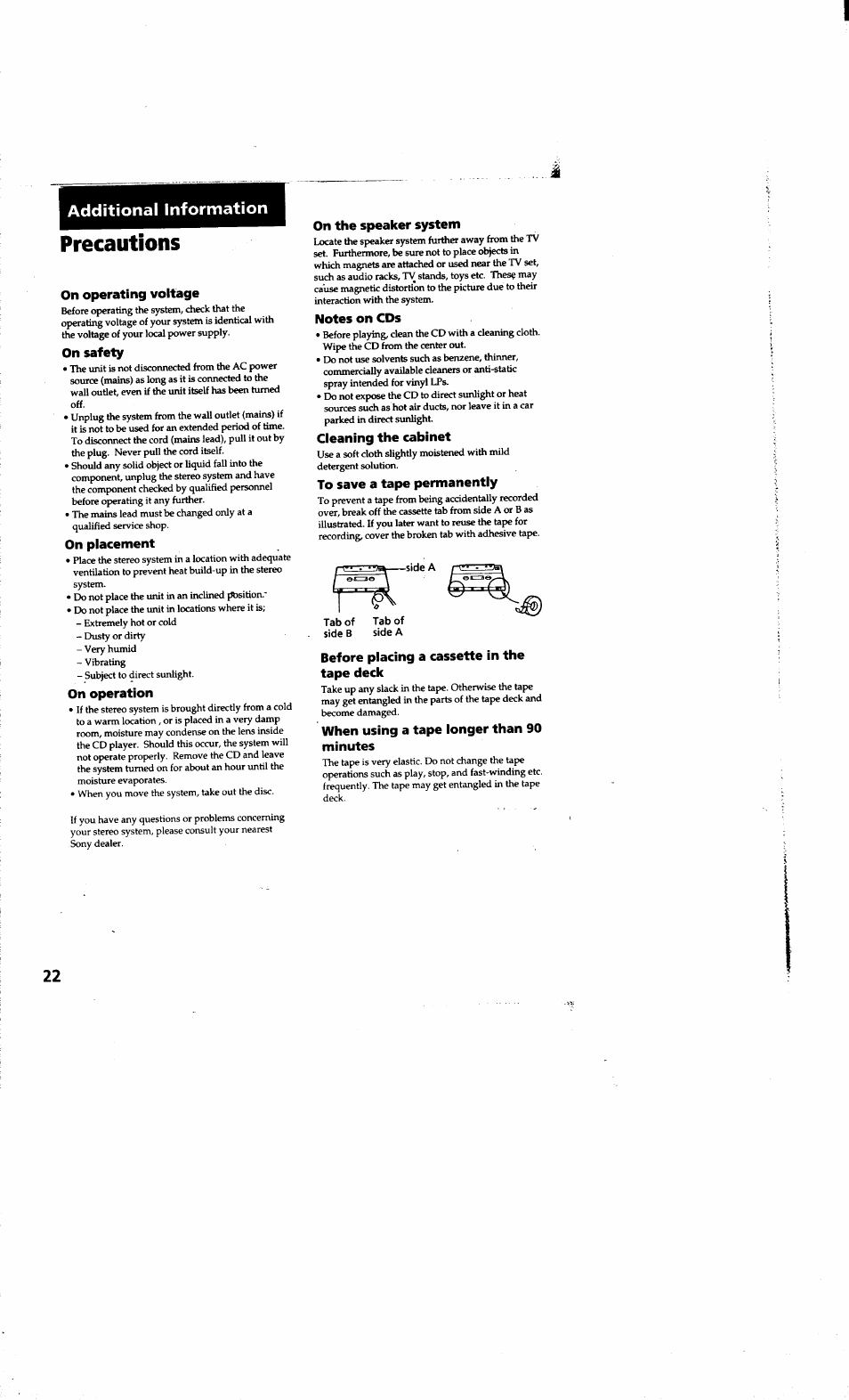 On operating voltage, On safety, On placement | On operation, On the speaker system, Notes on cds, Cleaning the cabinet, To save a tape permanently, Before placing a cassette in the tape deck, When using a tape longer than 90 minutes | Sony LBT-G1300 User Manual | Page 22 / 27