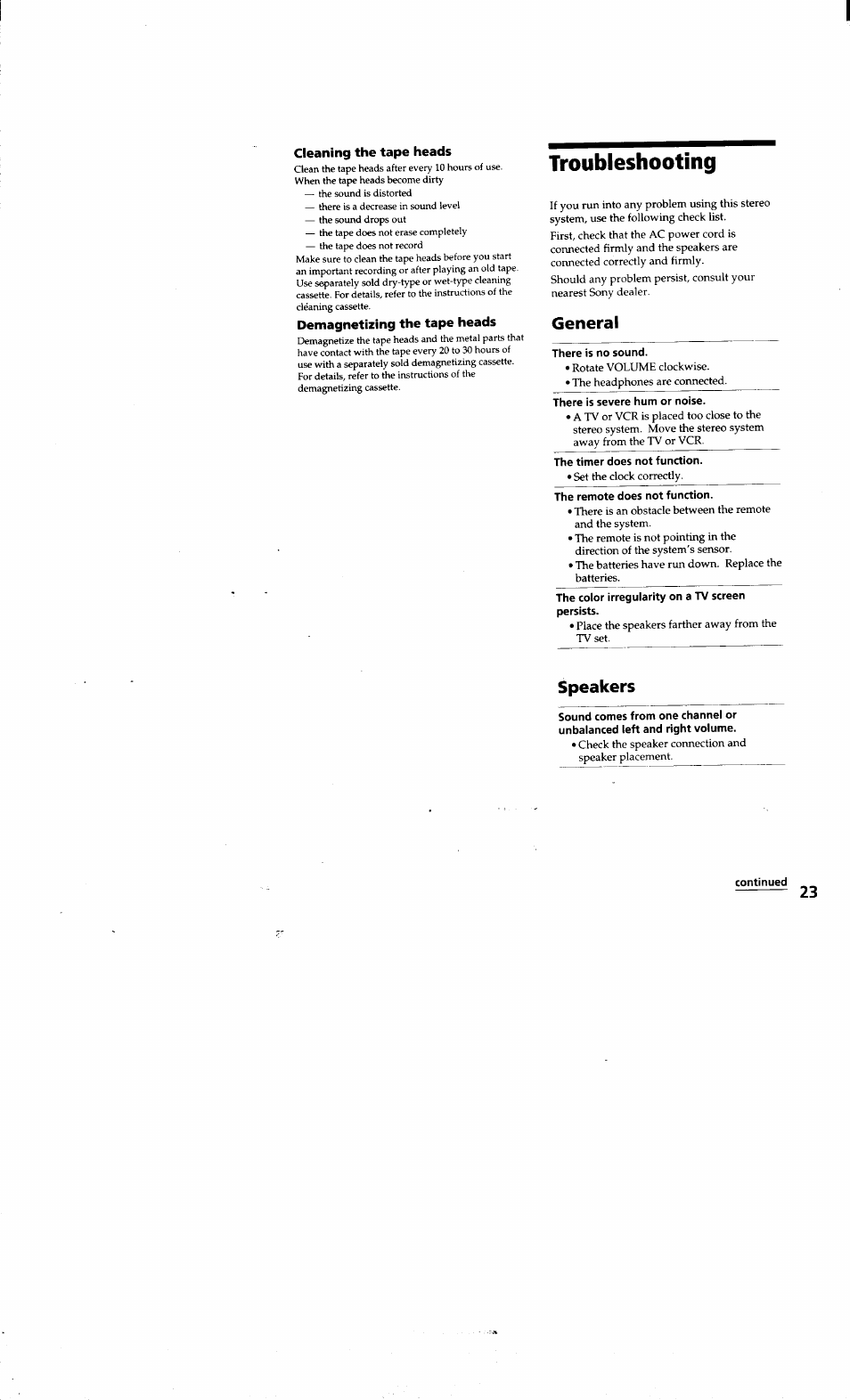 Troubleshooting, General, Speakers | Sony LBT-G1300 User Manual | Page 23 / 27