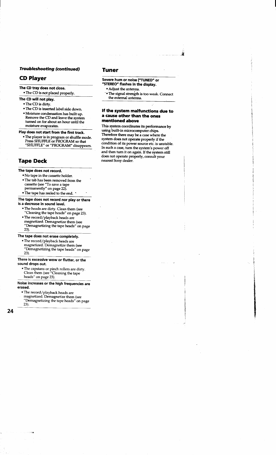 Cd player, Tape deck, Tuner | Sony LBT-G1300 User Manual | Page 24 / 27