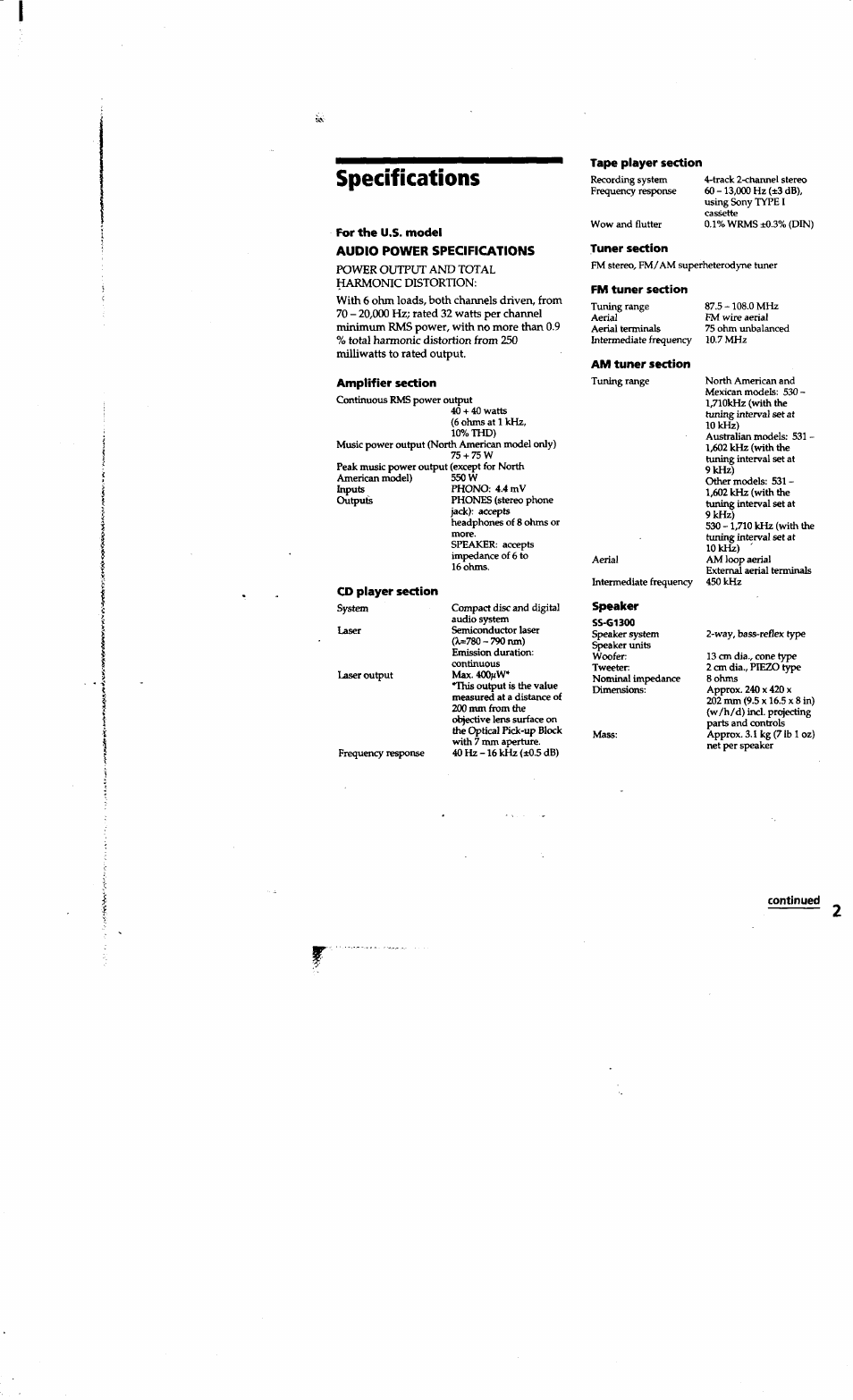 Audio power specifications, Specifications | Sony LBT-G1300 User Manual | Page 25 / 27