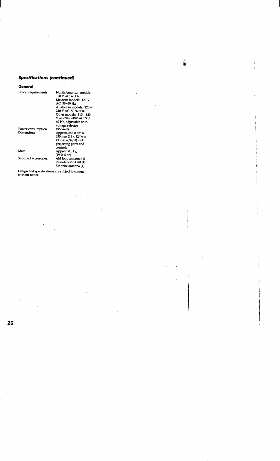 General, Specifications (continued) | Sony LBT-G1300 User Manual | Page 26 / 27