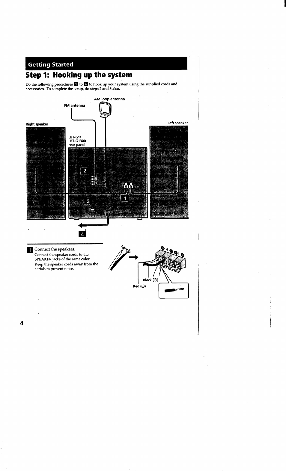 Stepi: hooking up the system, Getting started | Sony LBT-G1300 User Manual | Page 4 / 27