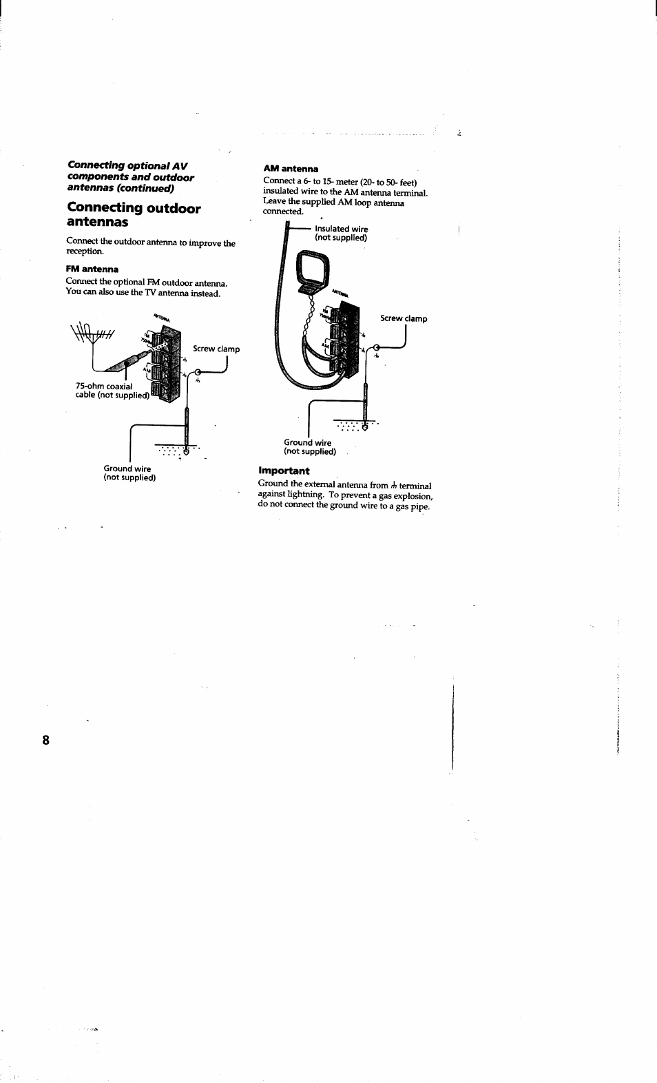 Important, Connecting outdoor antennas | Sony LBT-G1300 User Manual | Page 8 / 27