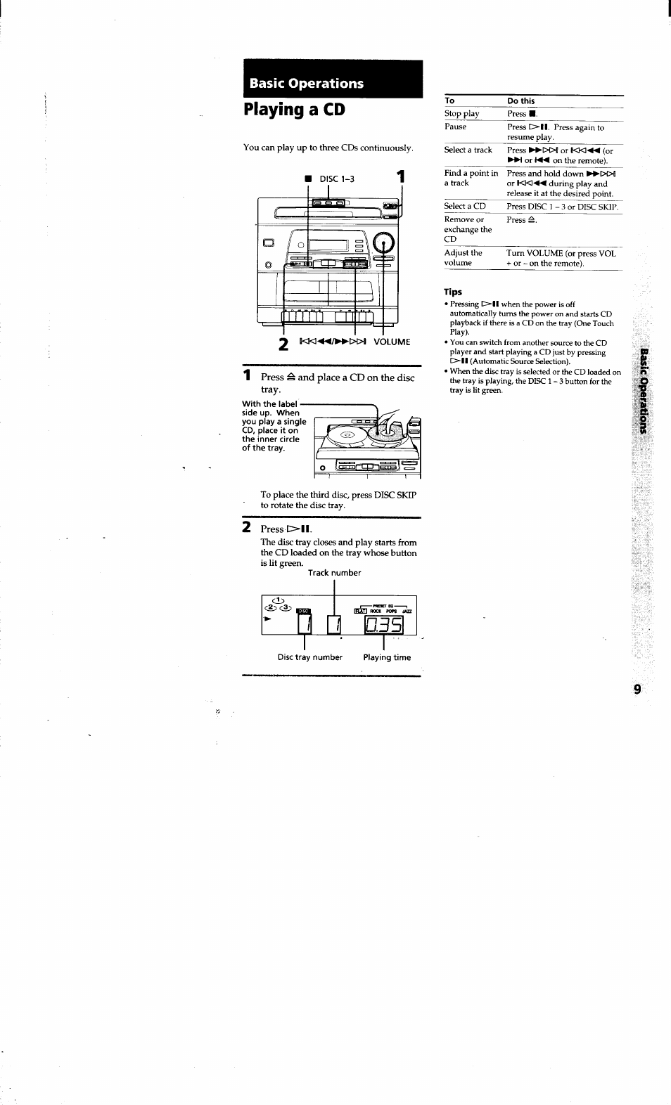 Playing a cd, Playing a tape, Basic operations | Sony LBT-G1300 User Manual | Page 9 / 27