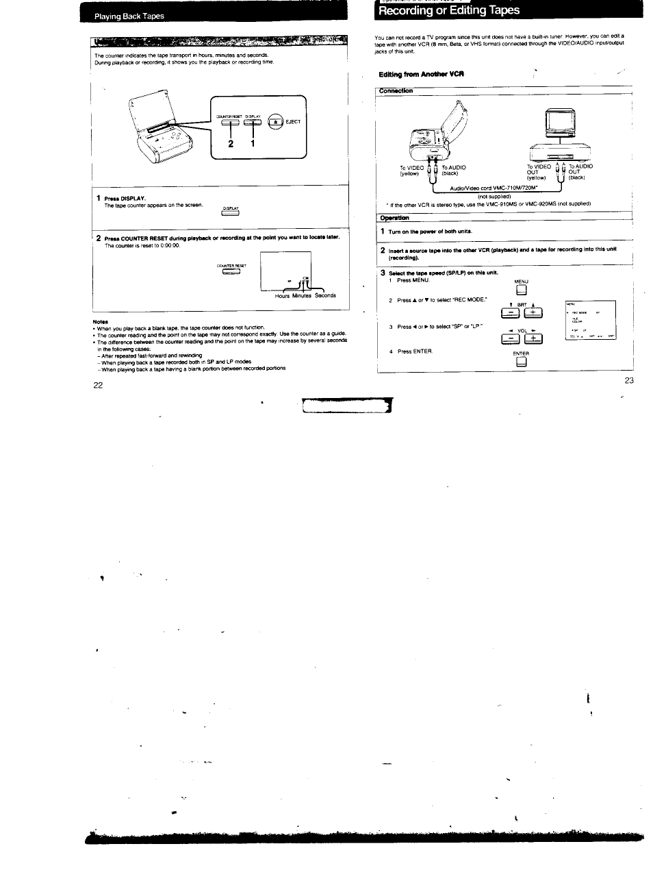 1 prmaoispuy, Recording or editing tapes | Sony GV-M20 User Manual | Page 12 / 20