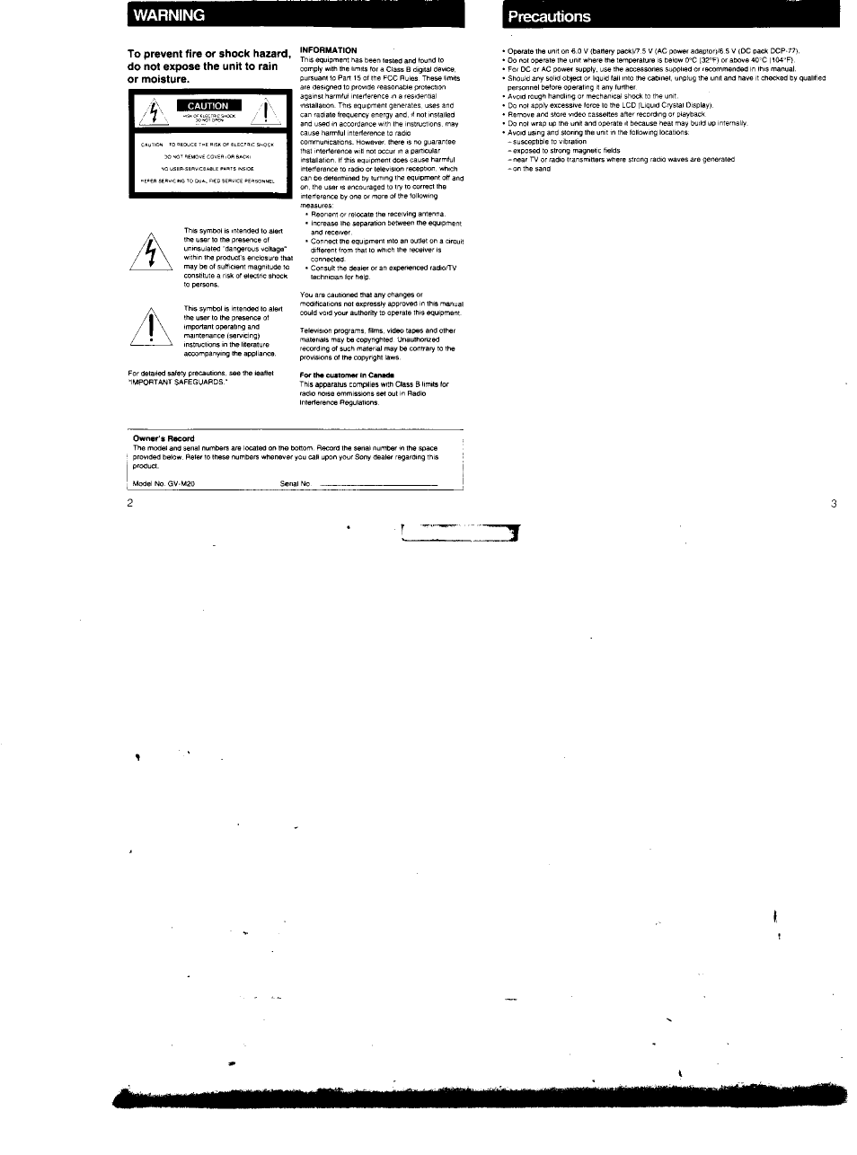 Warning precautions | Sony GV-M20 User Manual | Page 2 / 20