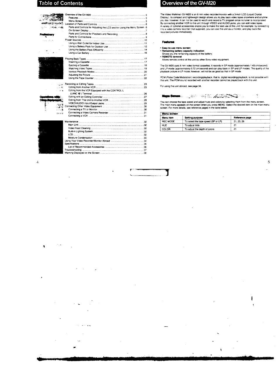 Table of contents overview of the gv-m20 | Sony GV-M20 User Manual | Page 3 / 20