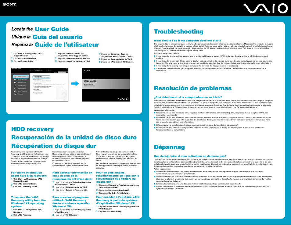 Hdd recovery, Troubleshooting, Recuperación de la unidad de disco duro | Resolución de problemas, Récupération du disque dur, Dépannag, User guide, Guía del usuario, Guide de l’utilisateur, Locate the | Sony VGN-FE780G User Manual | Page 2 / 2