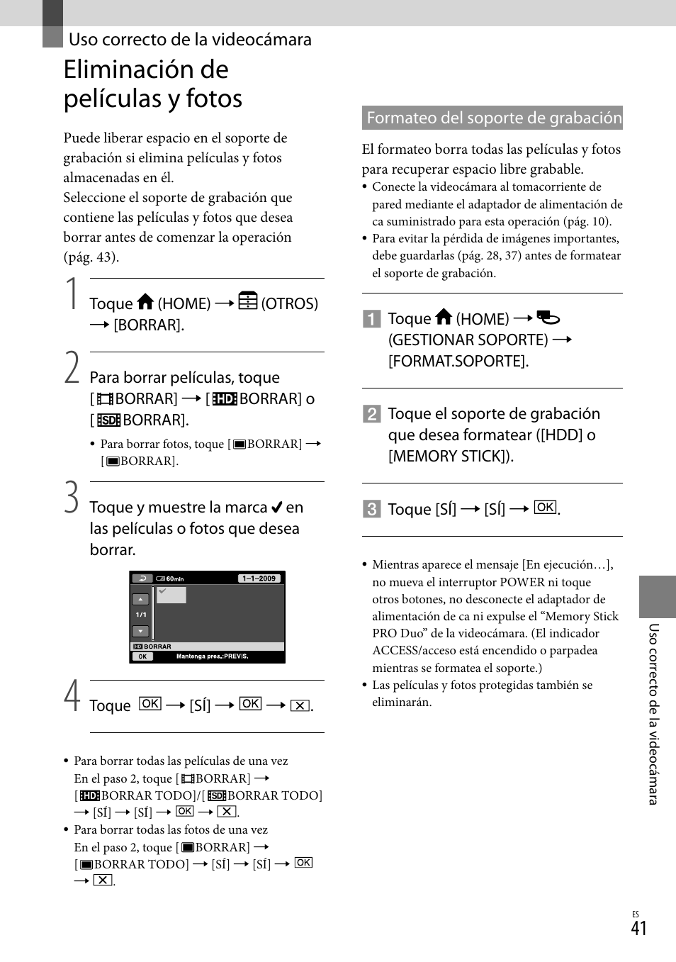 Uso correcto de la videocámara, Eliminación de películas y fotos | Sony HDR-XR500V User Manual | Page 105 / 131