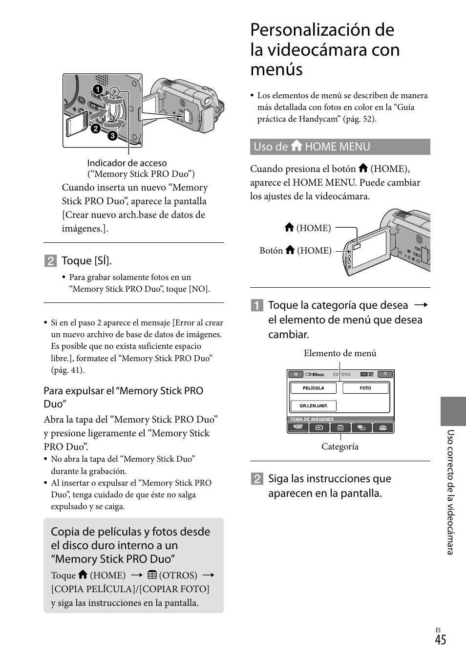 Personalización de la videocámara con menús, Uso de home menu | Sony HDR-XR500V User Manual | Page 109 / 131