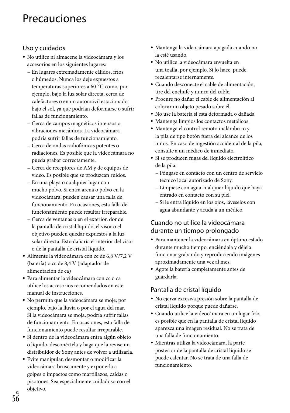 Precauciones, Uso y cuidados, Pantalla de cristal líquido | Sony HDR-XR500V User Manual | Page 120 / 131