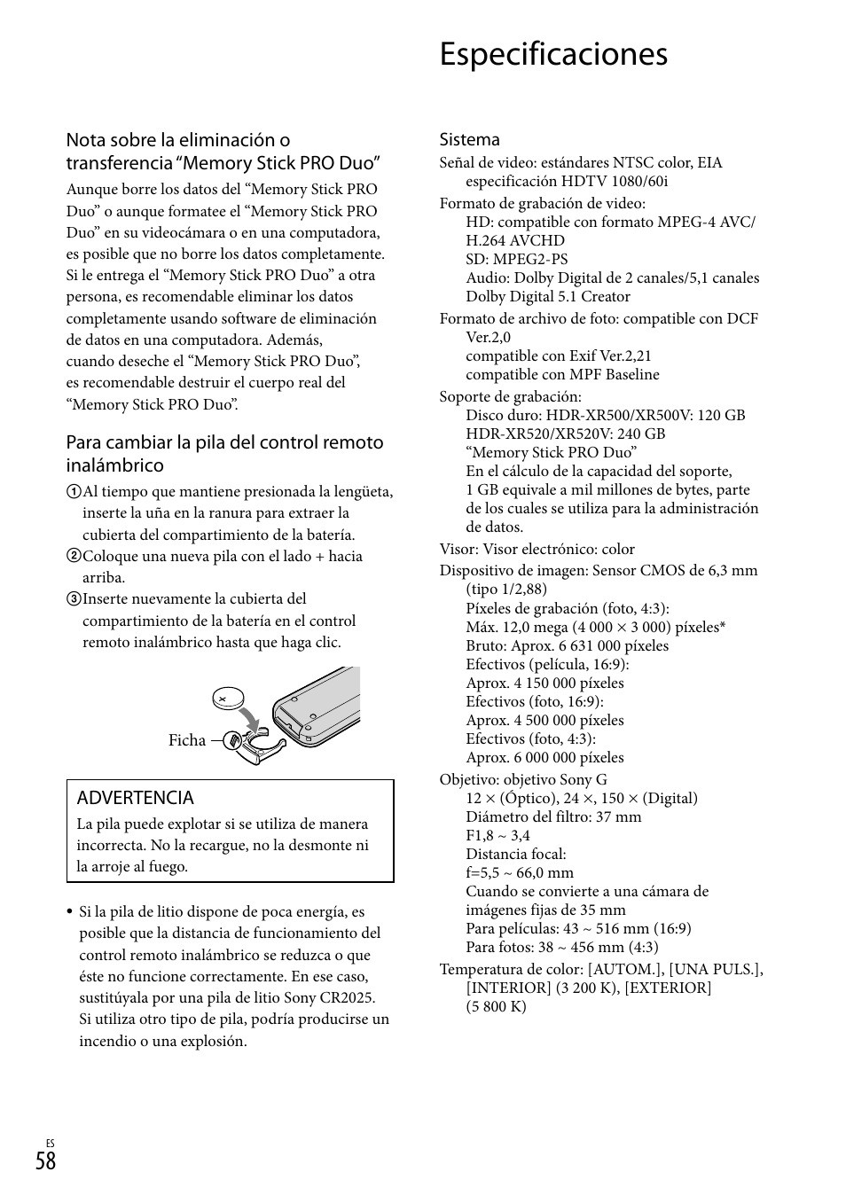 Especificaciones, Advertencia | Sony HDR-XR500V User Manual | Page 122 / 131