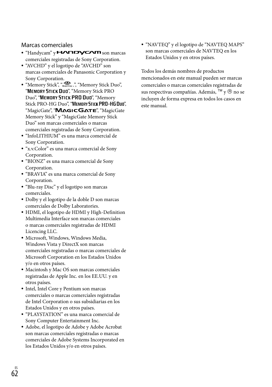 Marcas comerciales | Sony HDR-XR500V User Manual | Page 126 / 131