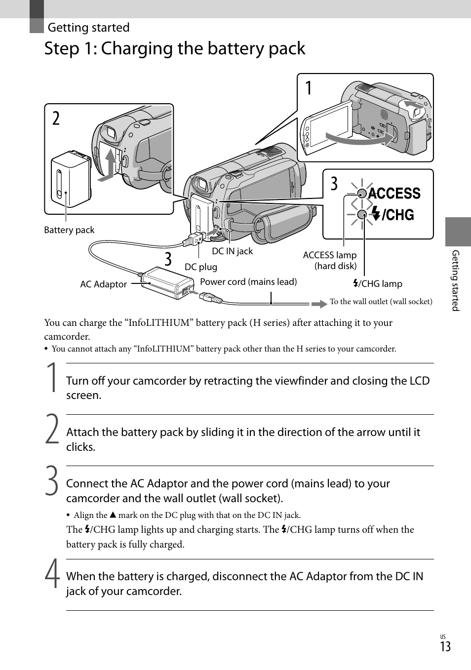 Getting started, Step 1: charging the battery pack, 13), t | Sony HDR-XR500V User Manual | Page 13 / 131