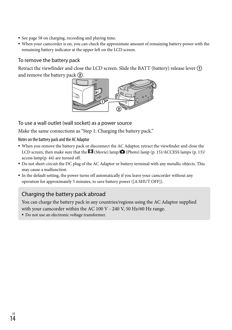 Charging the battery pack abroad | Sony HDR-XR500V User Manual | Page 14 / 131