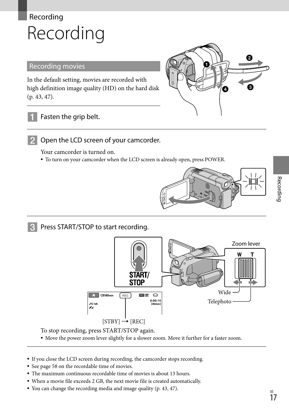Recording | Sony HDR-XR500V User Manual | Page 17 / 131