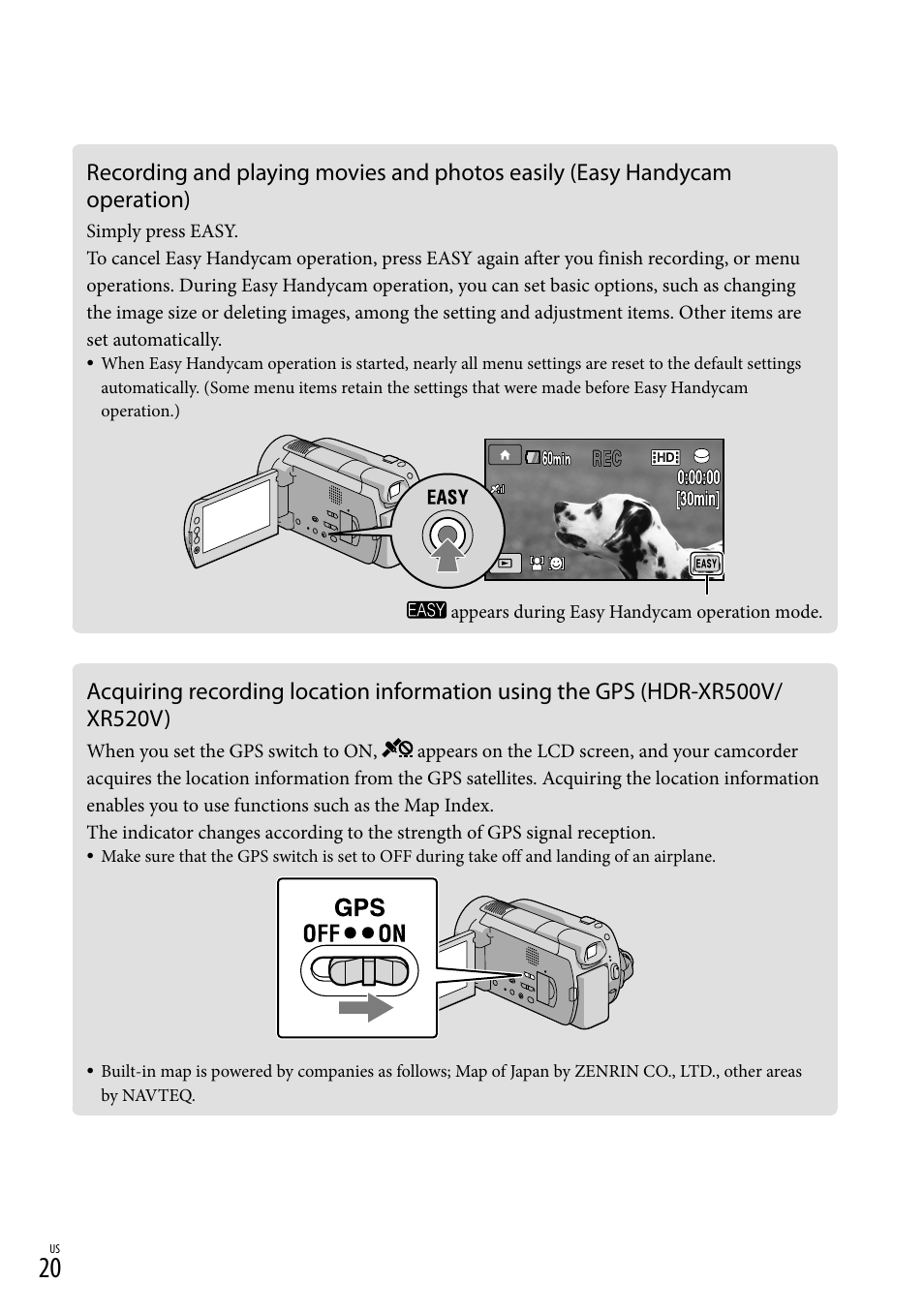 Recording and playing movies and photos easily, Hdr-xr500v/xr520v) | Sony HDR-XR500V User Manual | Page 20 / 131