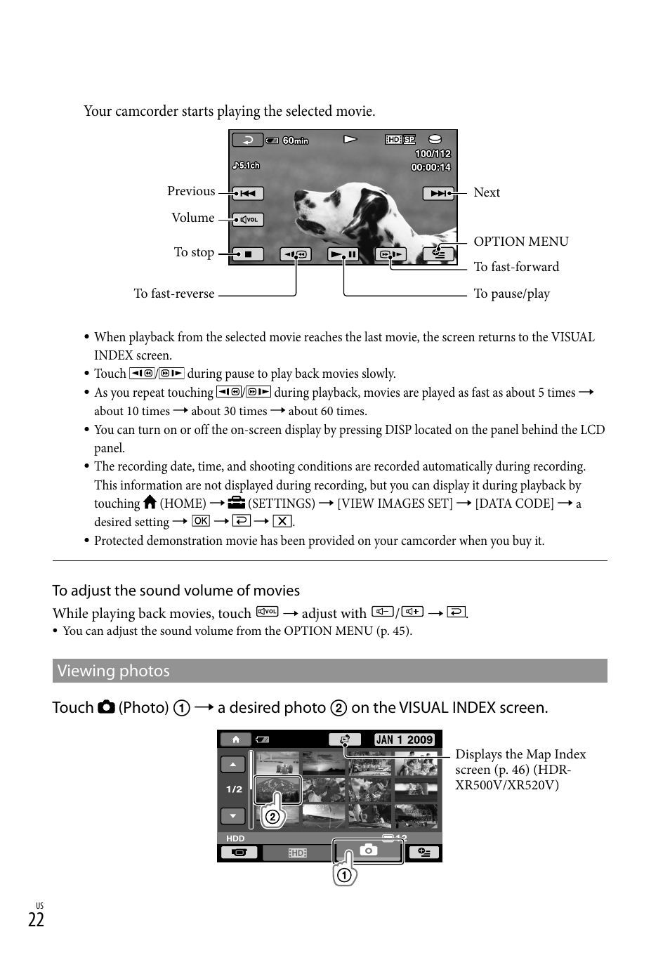 Viewing photos | Sony HDR-XR500V User Manual | Page 22 / 131