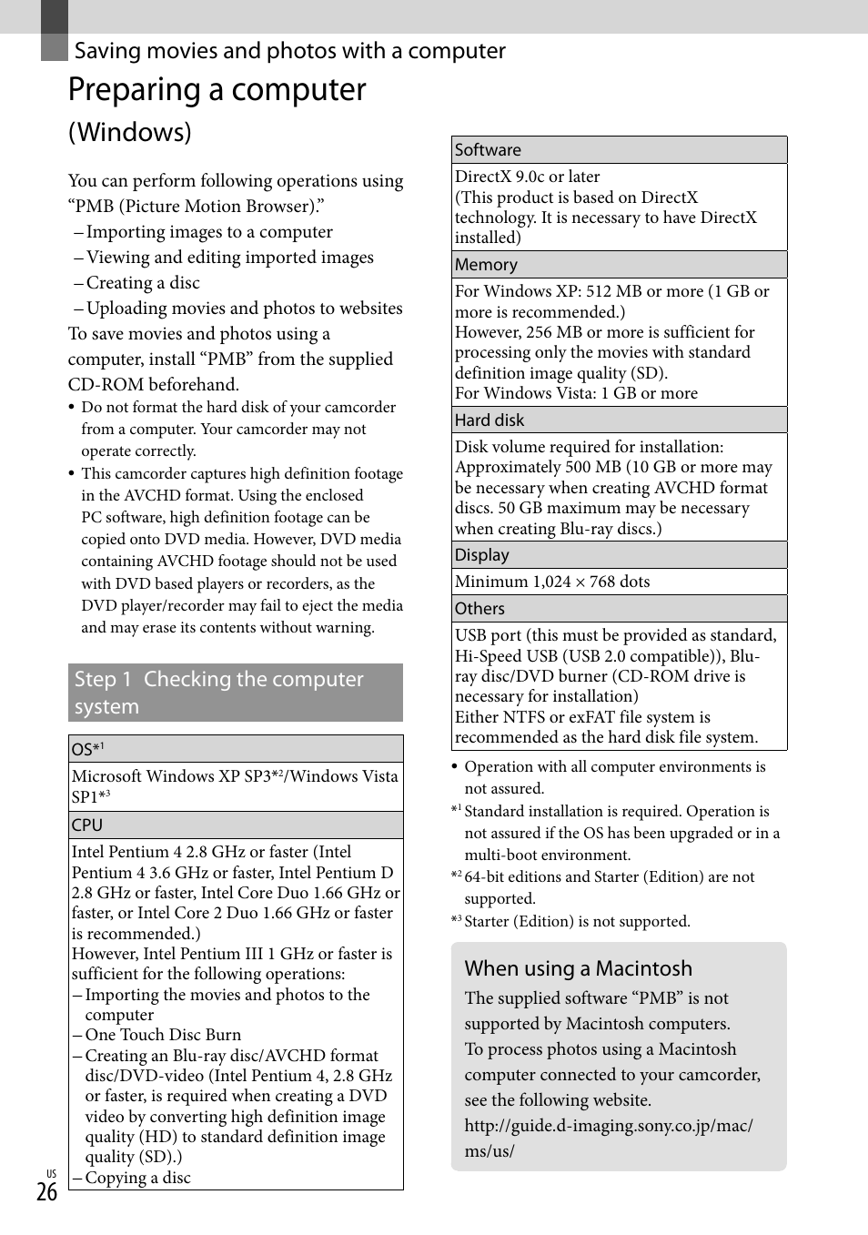 Saving movies and photos with a computer, Preparing a computer (windows), When using a macintosh | Preparing a computer, Windows), Step 1 checking the computer system | Sony HDR-XR500V User Manual | Page 26 / 131