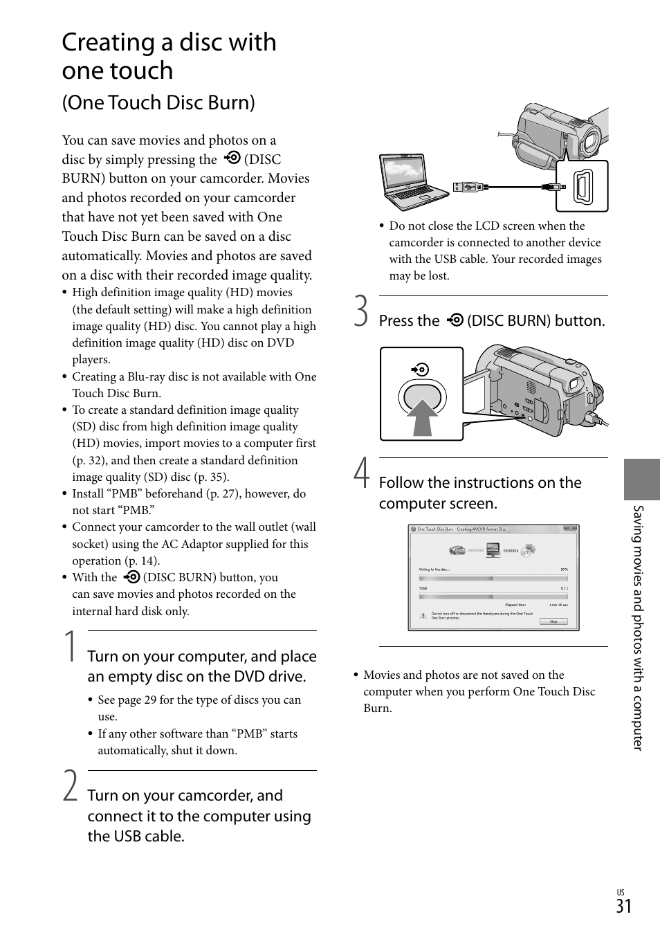 Creating a disc with one touch, One touch disc burn) | Sony HDR-XR500V User Manual | Page 31 / 131