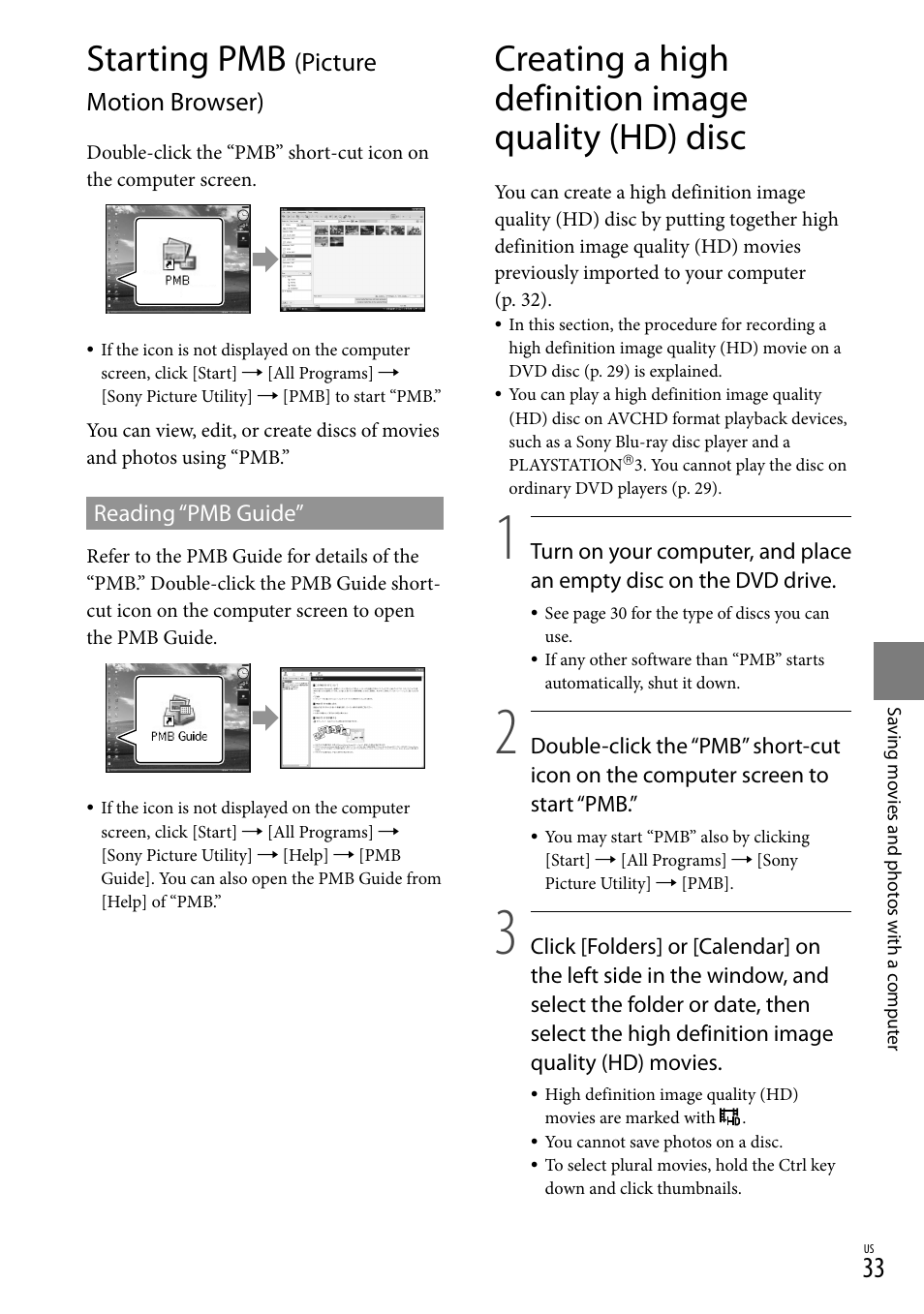 Starting pmb (picture motion browser), Creating a high definition image quality (hd) disc, 33) o | Starting pmb, Picture motion browser) | Sony HDR-XR500V User Manual | Page 33 / 131