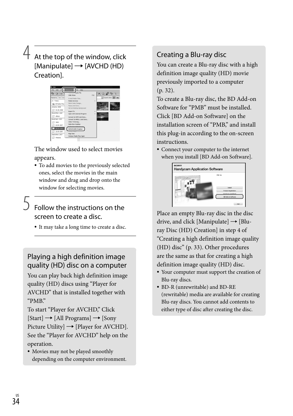 Creating a blu-ray disc | Sony HDR-XR500V User Manual | Page 34 / 131