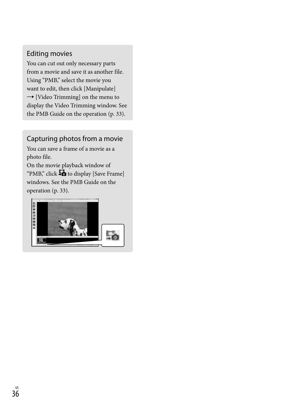 Editing movies, Capturing photos from a movie, Editing movies capturing photos from a movie | Sony HDR-XR500V User Manual | Page 36 / 131