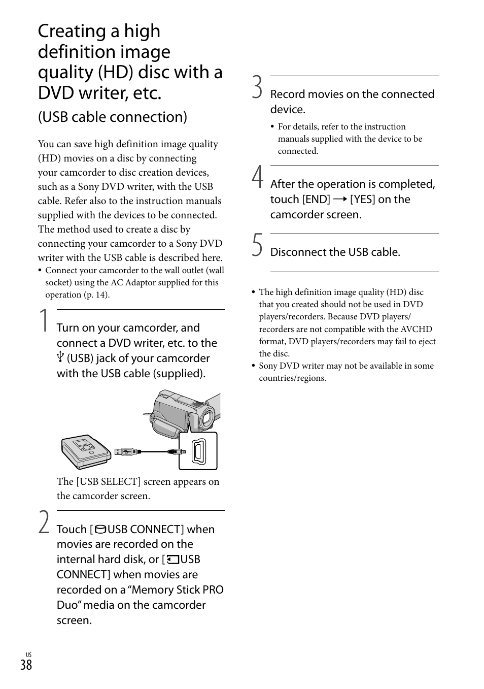 Usb cable connection) | Sony HDR-XR500V User Manual | Page 38 / 131