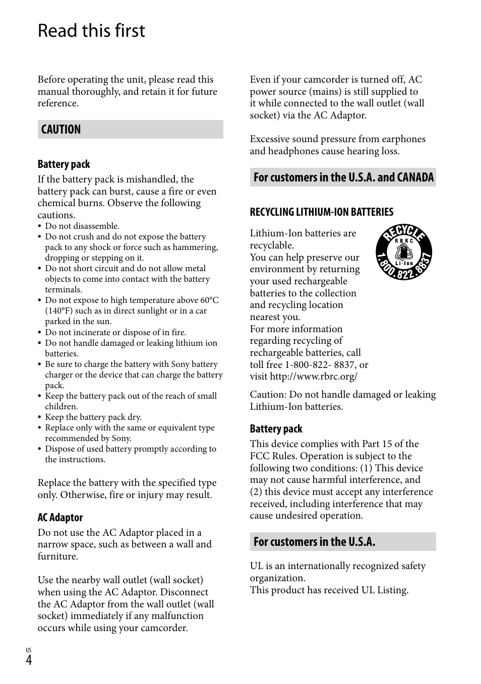 Read this first, Caution, For customers in the u.s.a. and canada | For customers in the u.s.a | Sony HDR-XR500V User Manual | Page 4 / 131