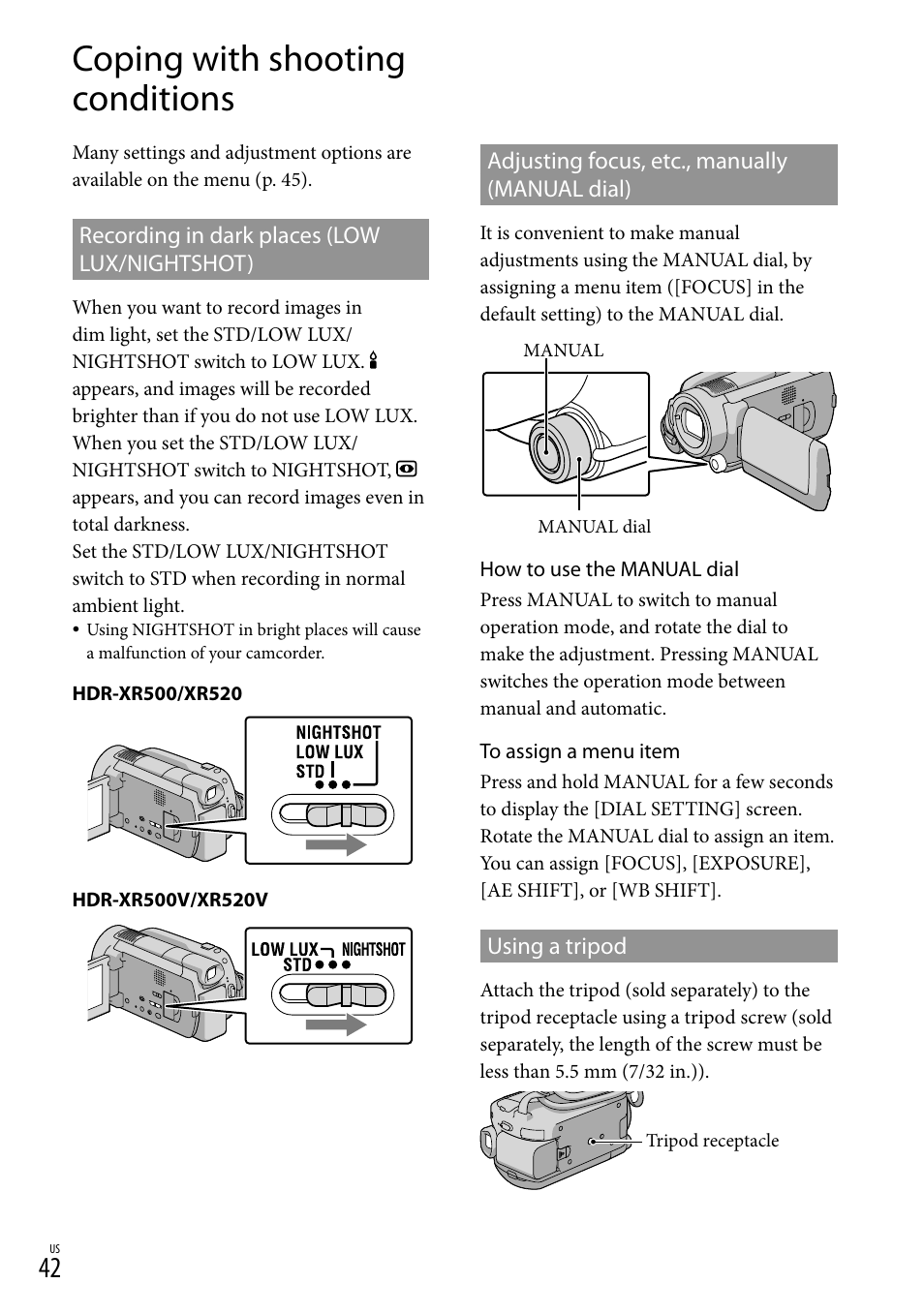 Coping with shooting conditions | Sony HDR-XR500V User Manual | Page 42 / 131