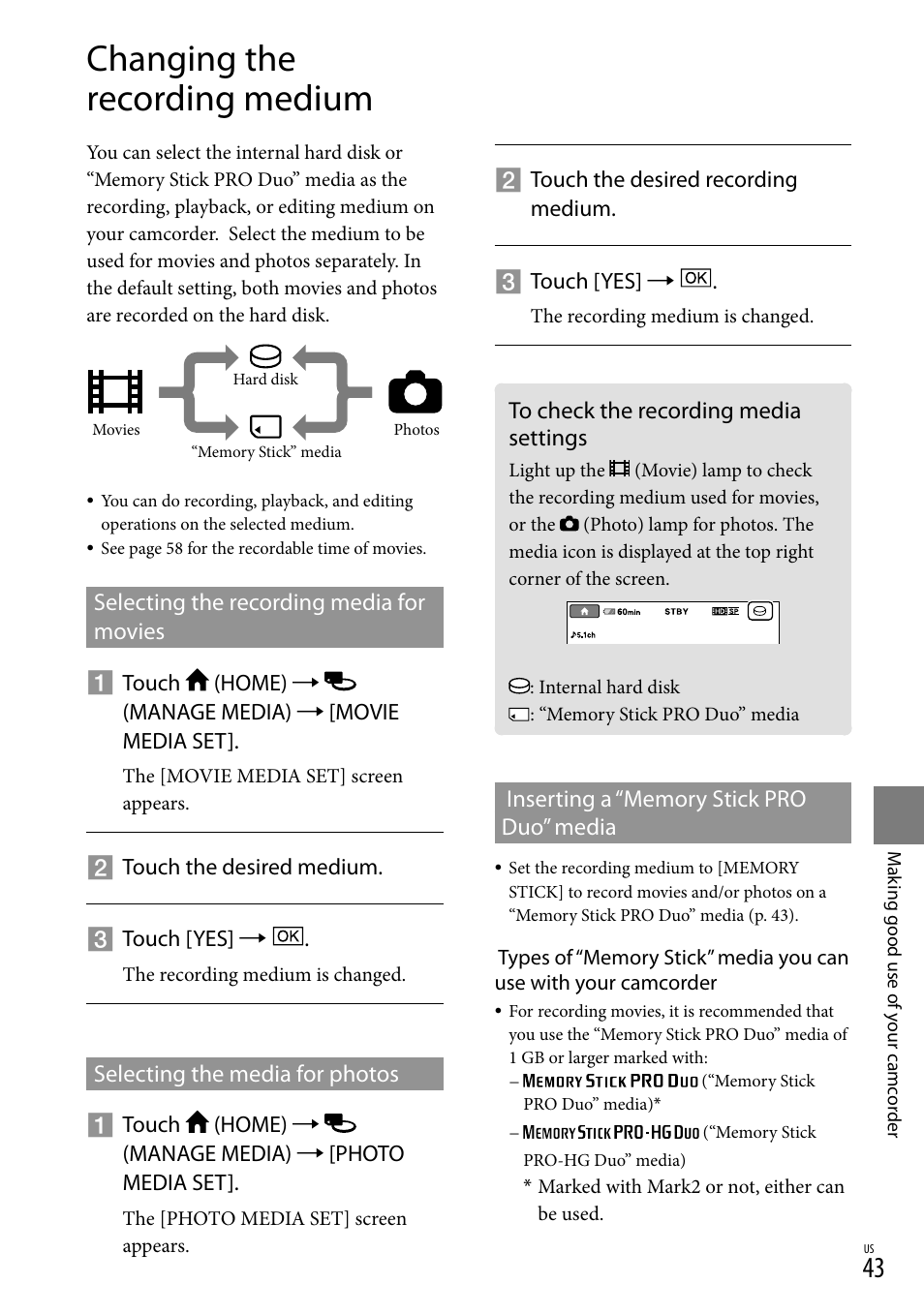 Changing the recording medium, To check the recording media settings, E 43 | Sony HDR-XR500V User Manual | Page 43 / 131