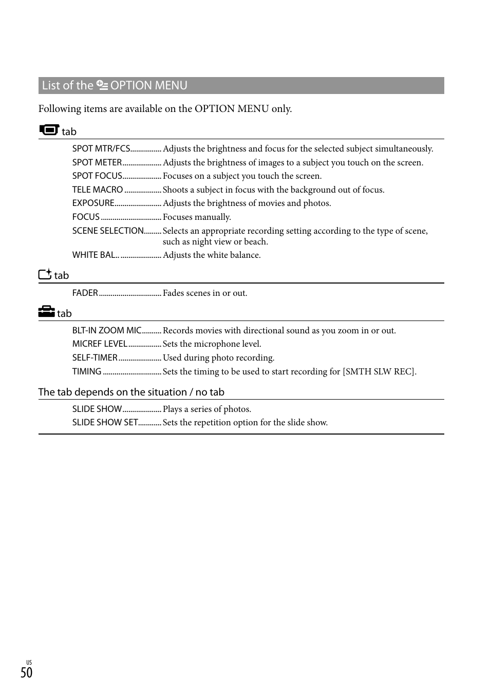 List of the option menu | Sony HDR-XR500V User Manual | Page 50 / 131