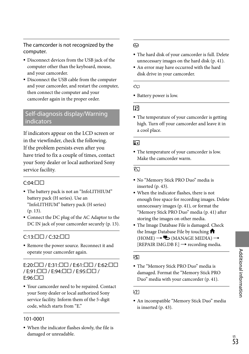 Self-diagnosis display/warning indicators | Sony HDR-XR500V User Manual | Page 53 / 131