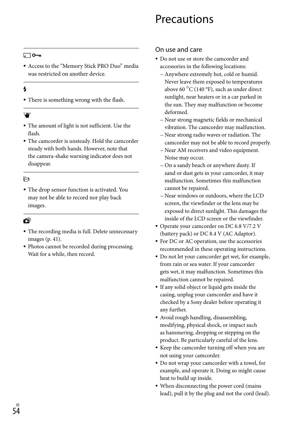 Precautions, On use and care | Sony HDR-XR500V User Manual | Page 54 / 131