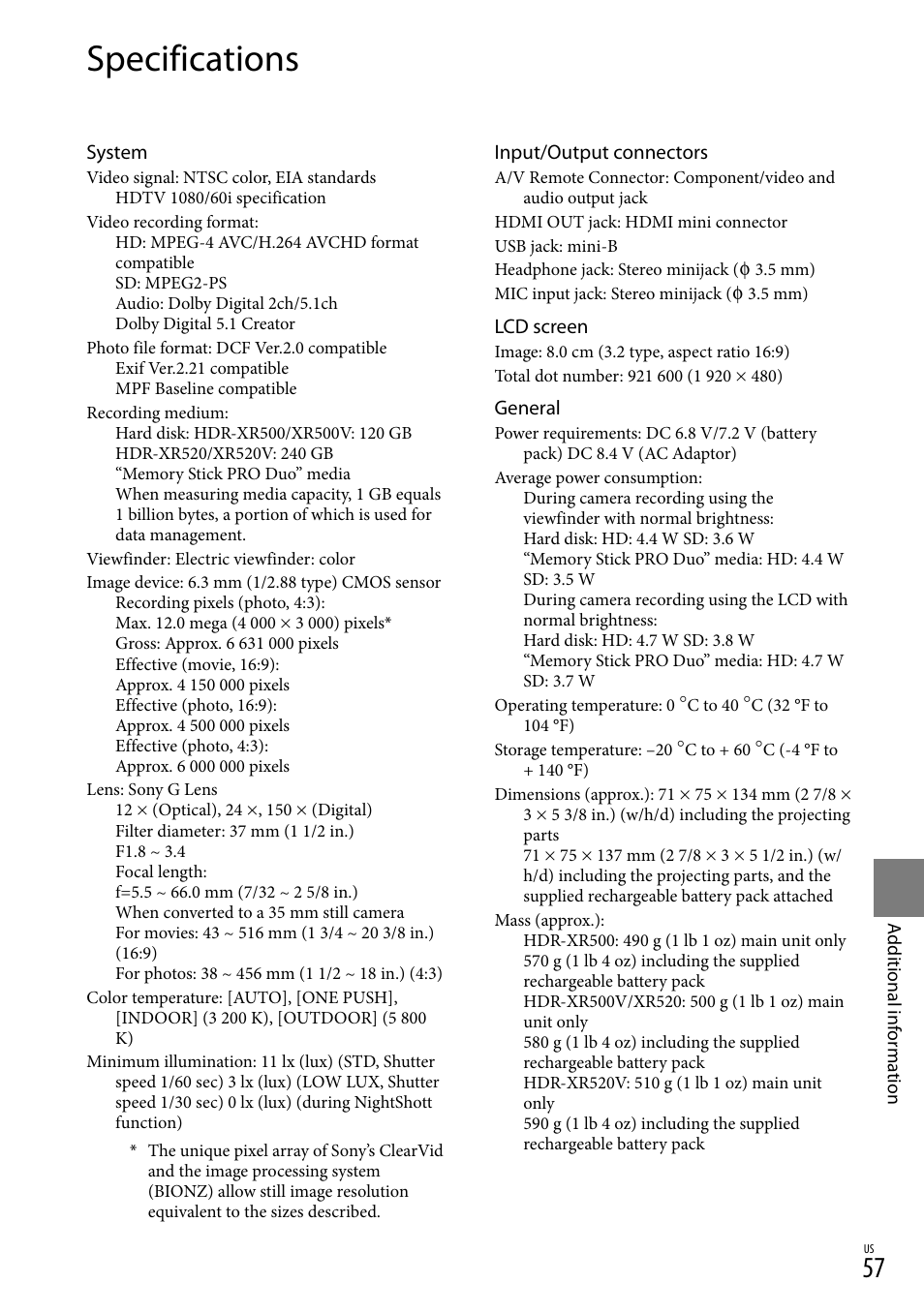 Specifications | Sony HDR-XR500V User Manual | Page 57 / 131