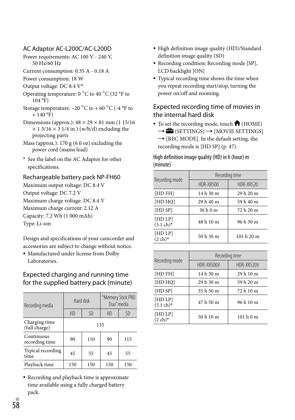 E 58, Rechargeable battery pack np-fh60 | Sony HDR-XR500V User Manual | Page 58 / 131