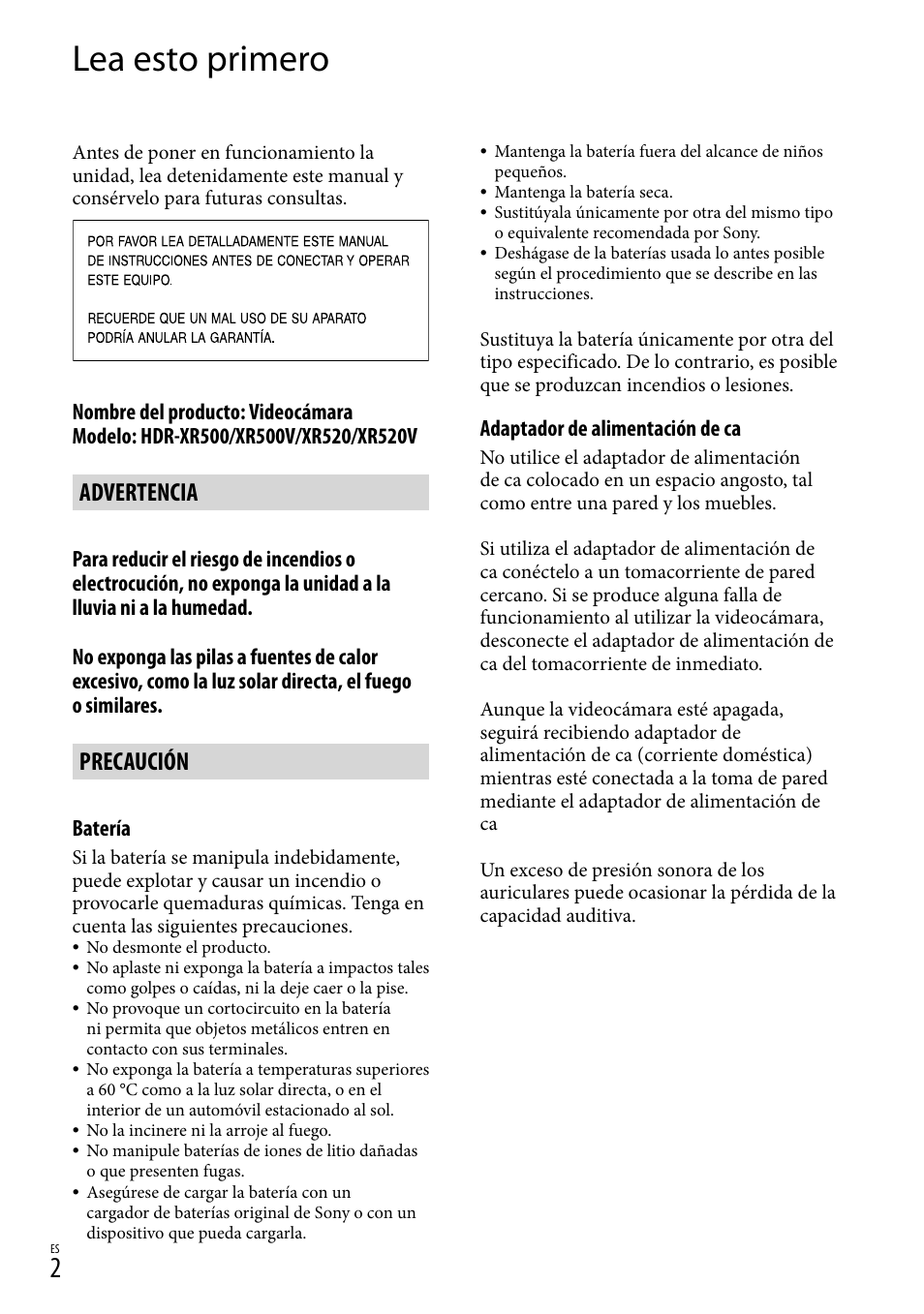 Lea esto primero, Guía de operaciones, Advertencia | Precaución | Sony HDR-XR500V User Manual | Page 66 / 131