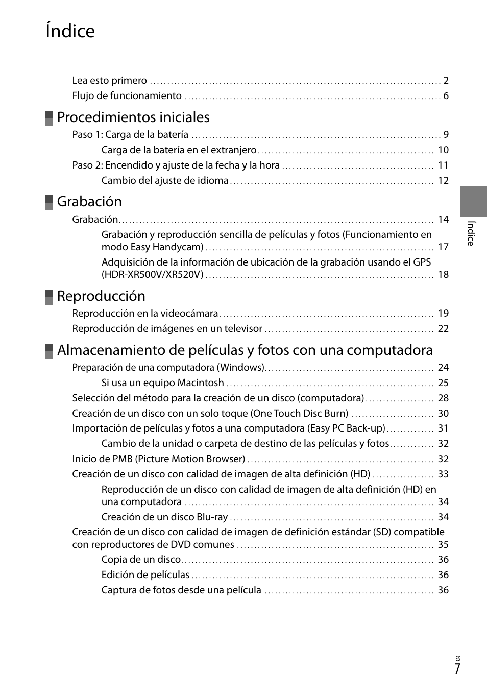 Índice, Procedimientos iniciales, Grabación | Reproducción | Sony HDR-XR500V User Manual | Page 71 / 131