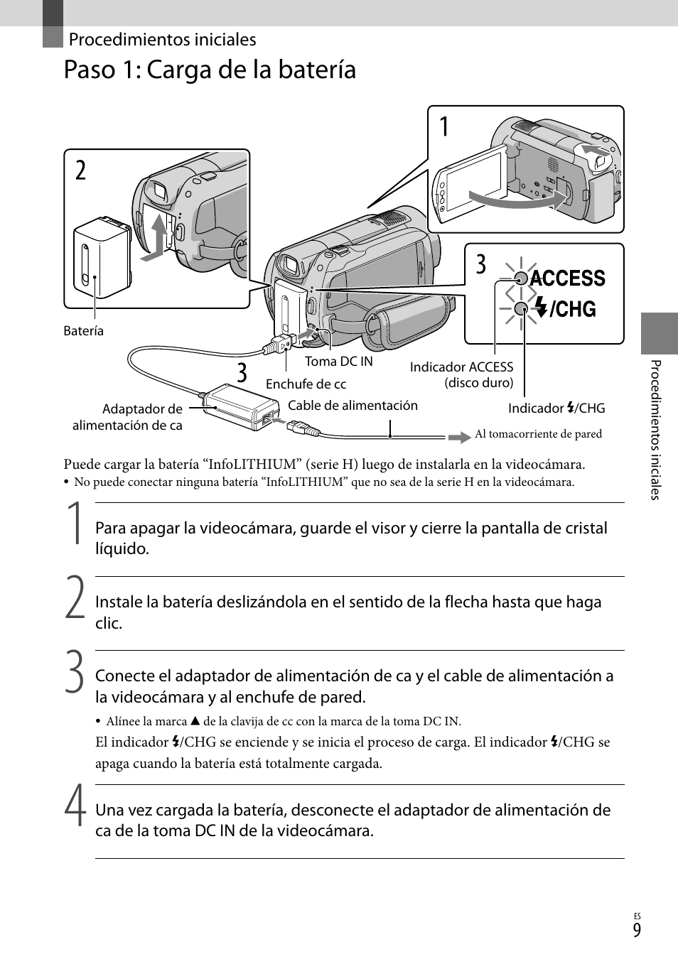 Procedimientos iniciales, Paso 1: carga de la batería | Sony HDR-XR500V User Manual | Page 73 / 131