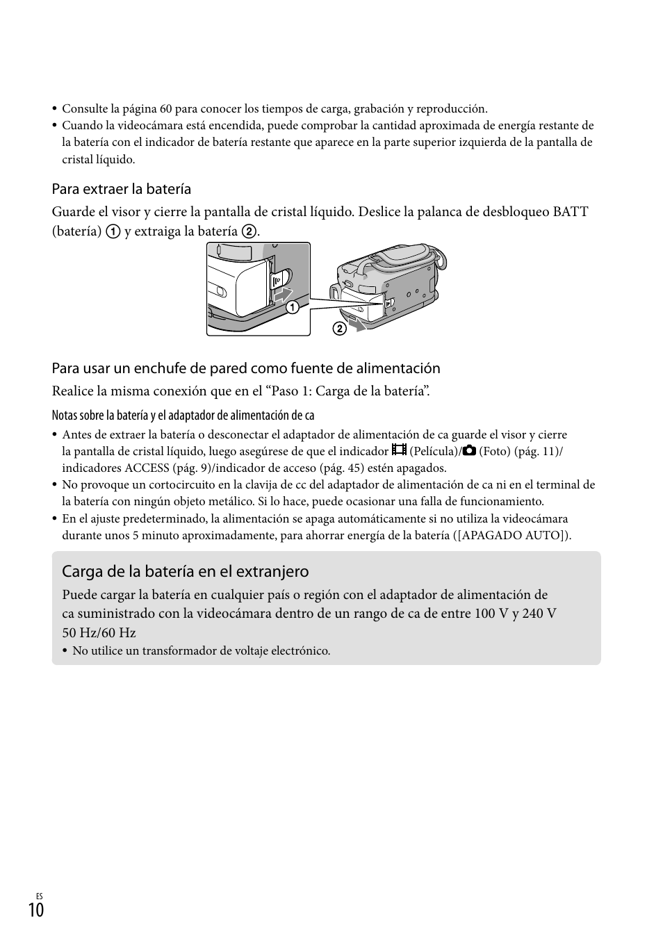 Carga de la batería en el extranjero, Para extraer la batería | Sony HDR-XR500V User Manual | Page 74 / 131
